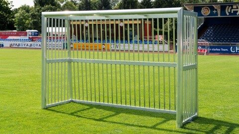 Aluminium Bolzplatztor auf Naturrasen vor Vereinstribüne, Gitterrückwand, freistehend, Frontansicht